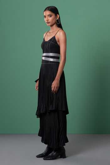Advait_Black Polyester, Cotton Sweetheart Neck Pleated Midi Dress _Online_at_Aza_Fashions