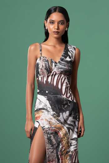 Advait_Multi Color Satin Asymmetric Abstract Print Midi Dress _Online_at_Aza_Fashions