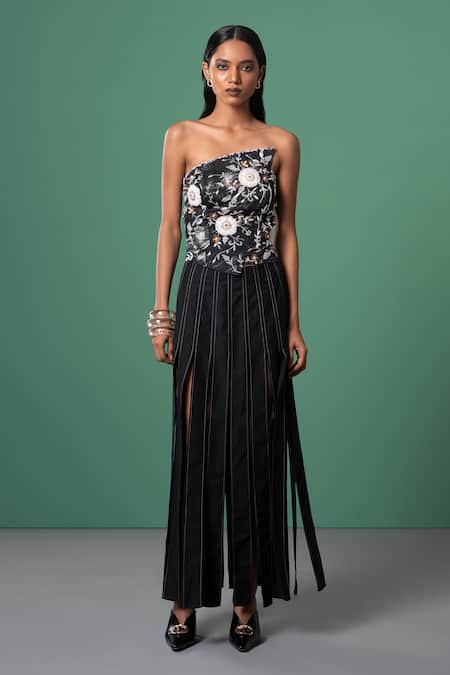 Advait Multi Color Bamboo Embroidery Asymmetric Floral Strapless Top 