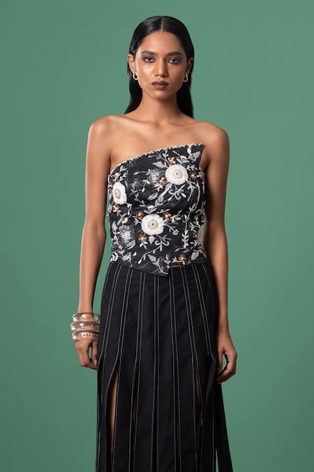 Advait_Multi Color Bamboo Embroidery Asymmetric Floral Strapless Top _Online_at_Aza_Fashions