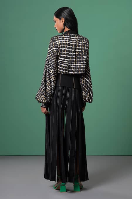 Shop Advait Multi Color Linen, Satin Embroidery Abstract Checkered Crop Blazer at Aza Fashions Shop_Advait_Multi Color Linen, Satin Embroidery Abstract Checkered Crop Blazer _at_Aza_Fashions