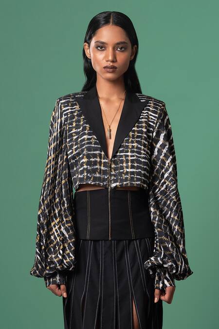 Advait Multi Color Linen, Satin Embroidery Abstract Checkered Crop Blazer Online at Aza Fashions Advait_Multi Color Linen, Satin Embroidery Abstract Checkered Crop Blazer _Online_at_Aza_Fashions