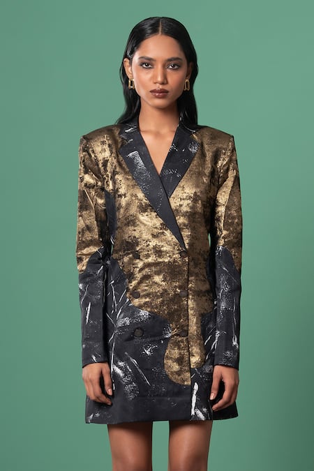 Advait Multi Color Satin, Modal Collared Swirl Print Blazer Dress Online at Aza Fashions Advait_Multi Color Satin, Modal Collared Swirl Print Blazer Dress _Online_at_Aza_Fashions
