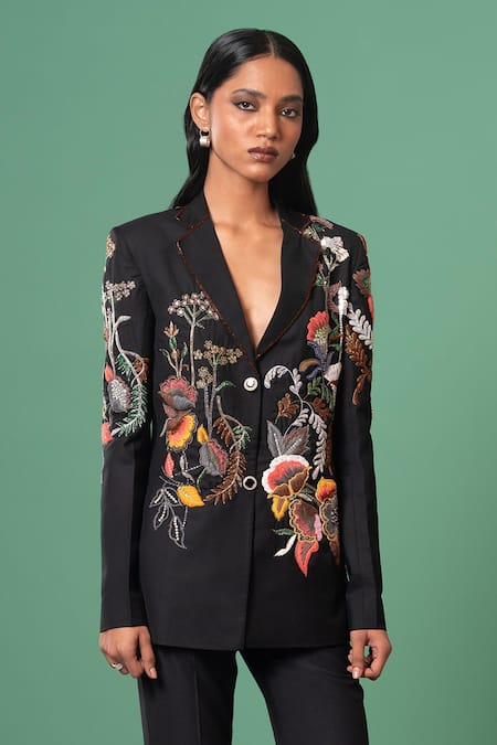 Shop_Advait_Black Polyester, Cotton Embroidery Bloom Blazer Set _Online_at_Aza_Fashions