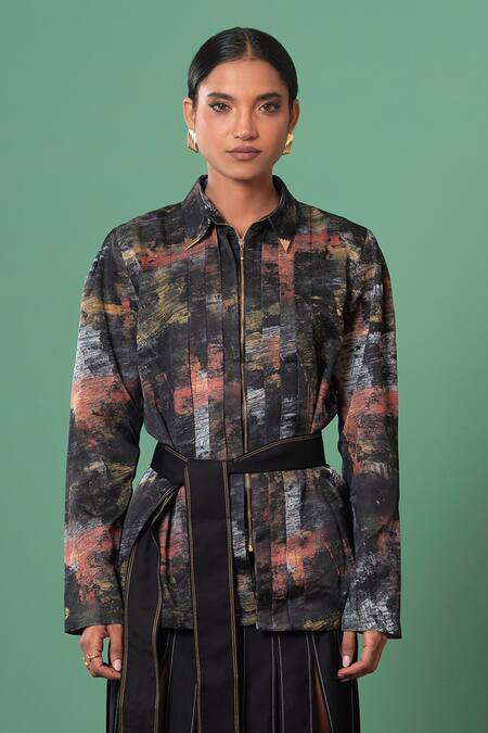 Advait_Multi Color Brocade Collared Abstract Print Shacket _Online_at_Aza_Fashions