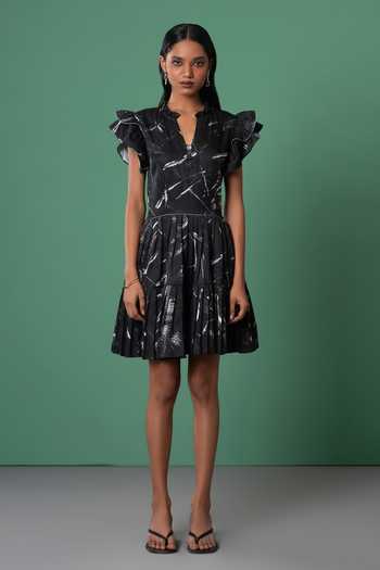 Advait Black Abstract Print Frill Sleeve Mini Dress 