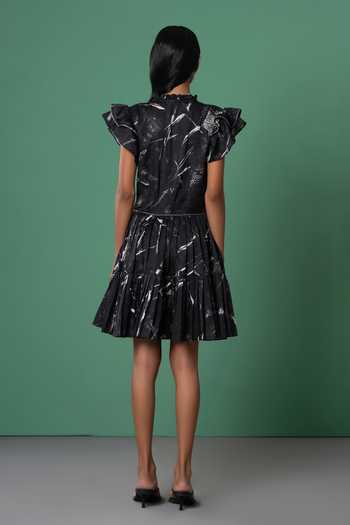 Advait Black Abstract Print Frill Sleeve Mini Dress 