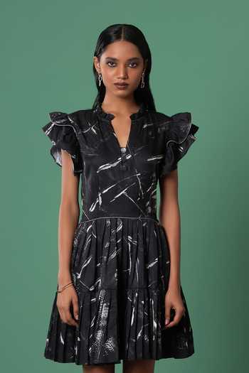 Advait_Black Bamboo Ruffles Mandarin Collar Abstract Print Frill Sleeve Mini Dress _Online_at_Aza_Fashions