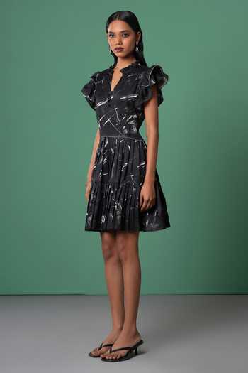 Buy_Advait_Black Bamboo Ruffles Mandarin Collar Abstract Print Frill Sleeve Mini Dress _Online_at_Aza_Fashions