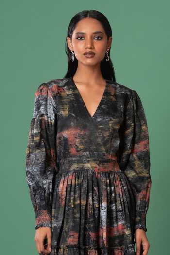 Advait_Multi Color Bamboo V-neck Abstract Print Maxi Dress _Online_at_Aza_Fashions