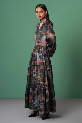 Buy_Advait_Multi Color Bamboo V-neck Abstract Print Maxi Dress _Online_at_Aza_Fashions