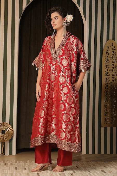 Soniya G_Red Brocade, Silk Mirrors V-neck Floral Banarasi Kaftan And Pant Set _Online_at_Aza_Fashions