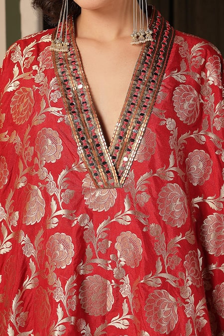 Buy_Soniya G_Red Brocade, Silk Mirrors V-neck Floral Banarasi Kaftan And Pant Set _Online_at_Aza_Fashions