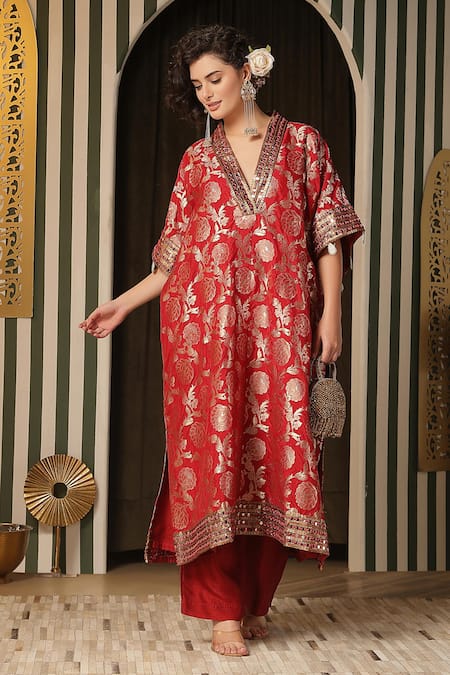 Shop_Soniya G_Red Brocade, Silk Mirrors V-neck Floral Banarasi Kaftan And Pant Set _Online_at_Aza_Fashions