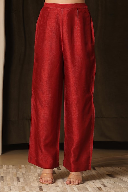 Buy_Soniya G_Red Brocade, Silk Mirrors V-neck Floral Banarasi Kaftan And Pant Set 