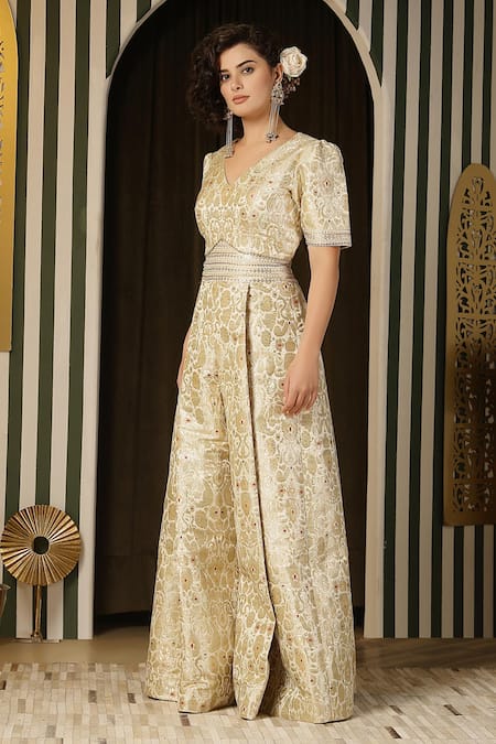 Soniya G_Ivory Kota Doria Sequins V-neck Floral Mandala Jumpsuit_Online_at_Aza_Fashions