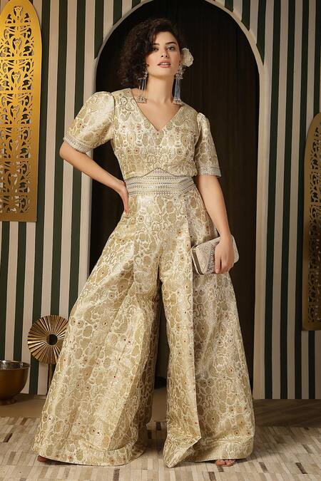 Shop_Soniya G_Ivory Kota Doria Sequins V-neck Floral Mandala Jumpsuit_Online_at_Aza_Fashions