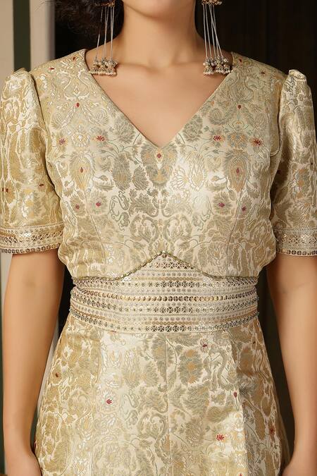 Soniya G_Ivory Kota Doria Sequins V-neck Floral Mandala Jumpsuit_at_Aza_Fashions