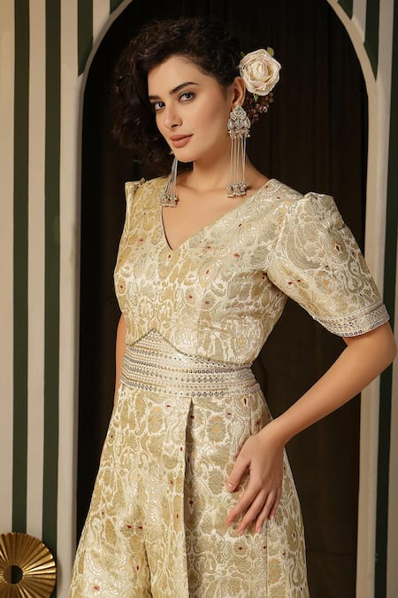 Buy_Soniya G_Ivory Kota Doria Sequins V-neck Floral Mandala Jumpsuit