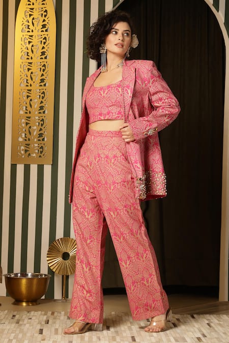 Shop Soniya G Pink Georgette Beads, Embroidery Open Floral Mandala Pattern Jacket Pant Set Online at Aza Fashions Shop_Soniya G_Pink Georgette Beads, Embroidery Open Floral Mandala Pattern Jacket Pant Set _Online_at_Aza_Fashions