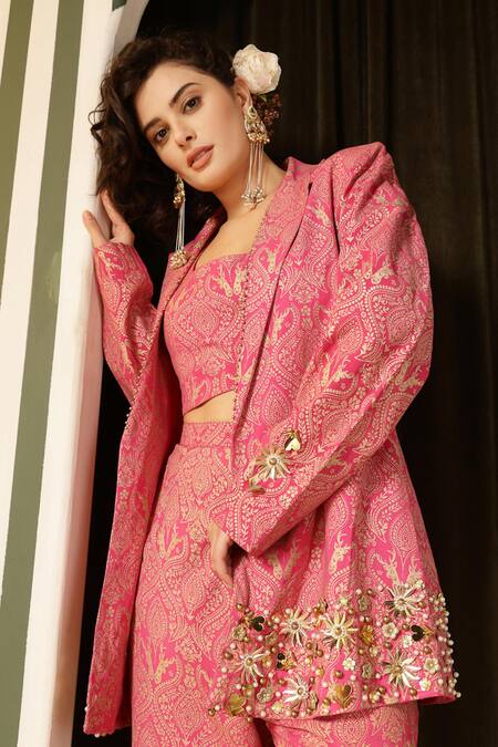 Soniya G Pink Georgette Beads, Embroidery Open Floral Mandala Pattern Jacket Pant Set at Aza Fashions Soniya G_Pink Georgette Beads, Embroidery Open Floral Mandala Pattern Jacket Pant Set _at_Aza_Fashions
