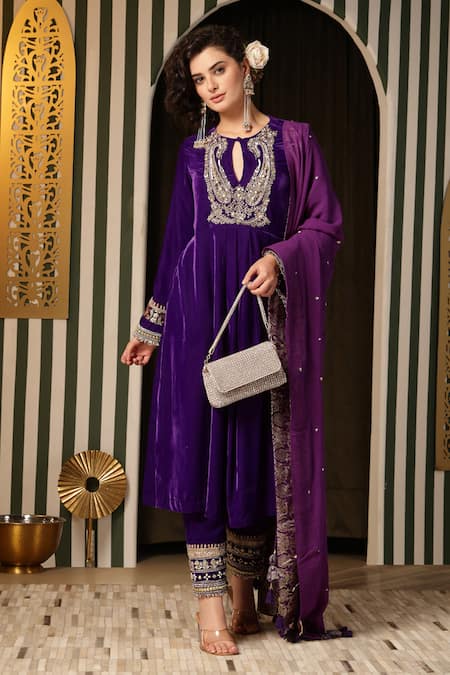 Soniya G Purple Silk Embroidery, Tassels Keyhole Neck Paisley Kurta Set Online at Aza Fashions Soniya G_Purple Silk Embroidery, Tassels Keyhole Neck Paisley Kurta Set _Online_at_Aza_Fashions