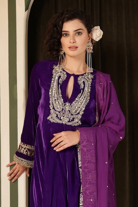 Buy Soniya G Purple Silk Embroidery, Tassels Keyhole Neck Paisley Kurta Set Online at Aza Fashions Buy_Soniya G_Purple Silk Embroidery, Tassels Keyhole Neck Paisley Kurta Set _Online_at_Aza_Fashions