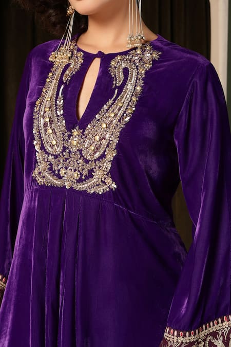 Shop Soniya G Purple Silk Embroidery, Tassels Keyhole Neck Paisley Kurta Set Online at Aza Fashions Shop_Soniya G_Purple Silk Embroidery, Tassels Keyhole Neck Paisley Kurta Set _Online_at_Aza_Fashions