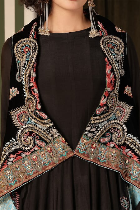 Buy Soniya G Black Silk, Velvet Embroidery Round Neck Paisley Butti Anarkali Set Online at Aza Fashions Buy_Soniya G_Black Silk, Velvet Embroidery Round Neck Paisley Butti Anarkali Set _Online_at_Aza_Fashions