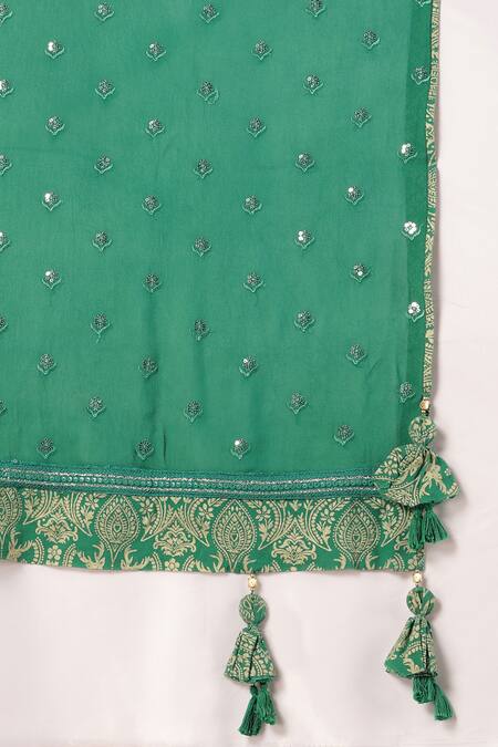 Shop_Soniya G_Green Georgette Mirrors, Embroidery V-neck Asymmetric Angarkha Kurta Set _Online_at_Aza_Fashions