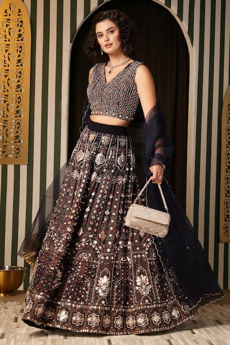 Soniya G Navy Blue Geometric Embroidered Lehenga Set 