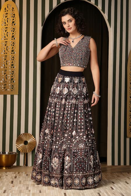 Soniya G_Blue Georgette, Organza Beads, Embroidery, Foil Navy Geometric Lehenga Set _Online_at_Aza_Fashions