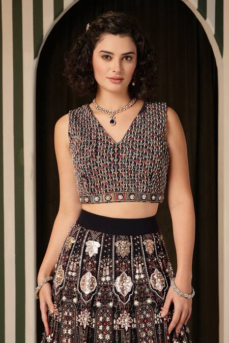 Buy_Soniya G_Blue Georgette, Organza Beads, Embroidery, Foil Navy Geometric Lehenga Set _Online_at_Aza_Fashions