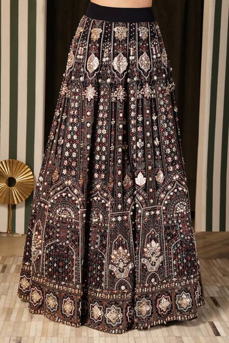 Shop_Soniya G_Blue Georgette, Organza Beads, Embroidery, Foil Navy Geometric Lehenga Set _Online_at_Aza_Fashions