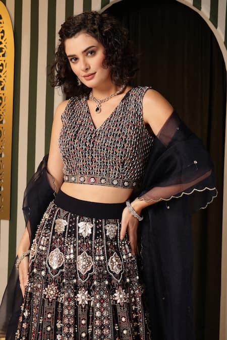 Soniya G_Blue Georgette, Organza Beads, Embroidery, Foil Navy Geometric Lehenga Set _at_Aza_Fashions