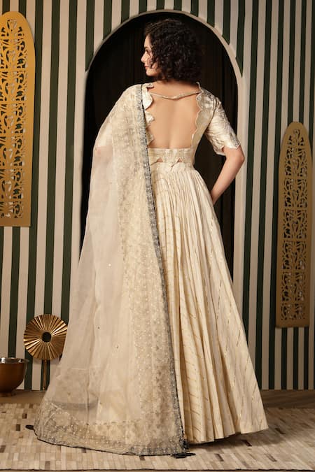 Shop_Soniya G_Ivory Georgette, Cotton Beads, Metallic Stripe Pattern Kalidar Lehenga Set _at_Aza_Fashions