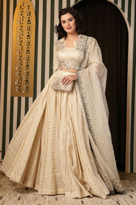 Shop_Soniya G_Ivory Georgette, Cotton Beads, Metallic Stripe Pattern Kalidar Lehenga Set _Online_at_Aza_Fashions
