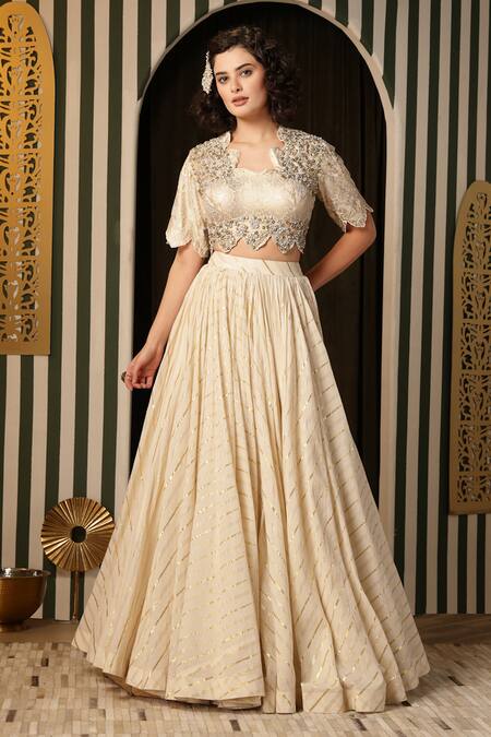 Buy_Soniya G_Ivory Georgette, Cotton Beads, Metallic Stripe Pattern Kalidar Lehenga Set 
