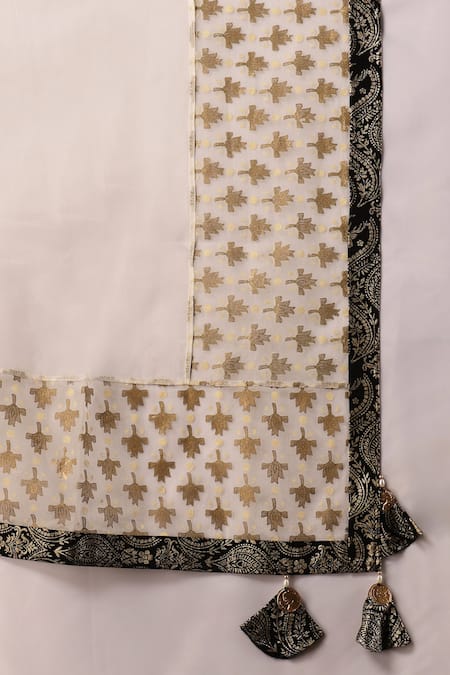 Shop_Soniya G_Ivory Georgette, Cotton Beads, Metallic Stripe Pattern Kalidar Lehenga Set 