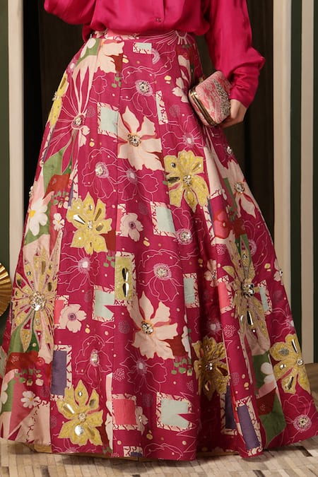 Soniya G_Magenta Silk Embroidery Collared Floral Blossom Print Lehenga And Shirt _Online_at_Aza_Fashions