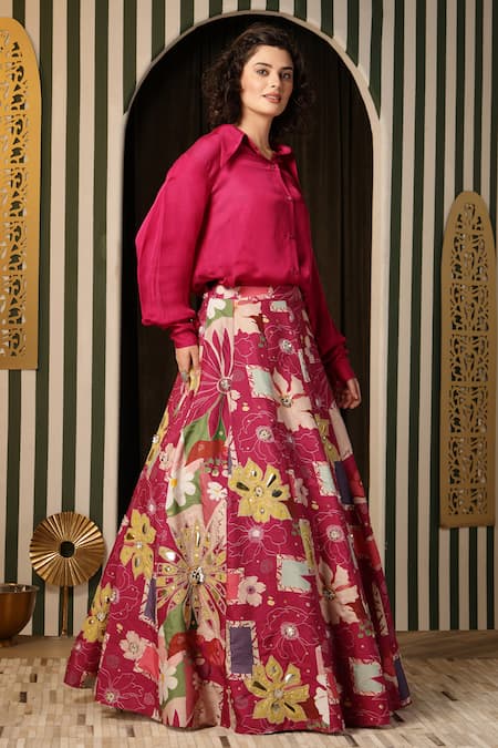 Soniya G_Magenta Silk Embroidery Collared Floral Blossom Print Lehenga And Shirt _at_Aza_Fashions
