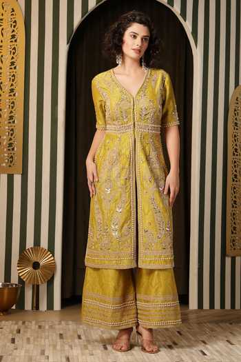 Buy_Soniya G_Yellow Silk, Georgette, Embroidery, Floral Kurta Gharara Set _Online_at_Aza_Fashions