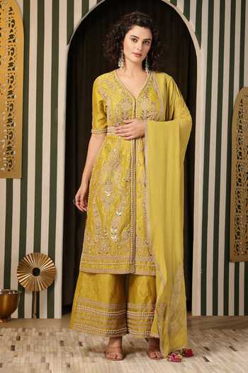 Shop_Soniya G_Yellow Silk, Georgette, Embroidery, Floral Kurta Gharara Set _Online_at_Aza_Fashions