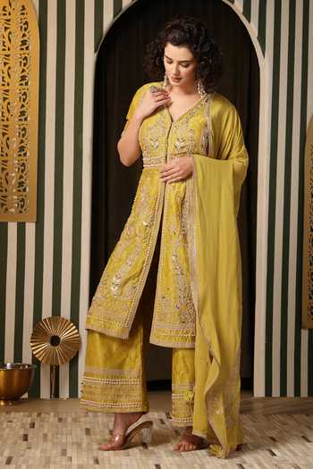 Soniya G_Yellow Silk, Georgette, Embroidery, Floral Kurta Gharara Set _at_Aza_Fashions
