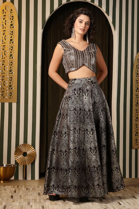 Buy_Soniya G_Purple Silk, Velvet Sequins, Tassels, Floral Baroque Jacket Lehenga Set _Online_at_Aza_Fashions