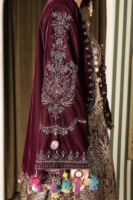 Soniya G_Purple Silk, Velvet Sequins, Tassels, Floral Baroque Jacket Lehenga Set _at_Aza_Fashions