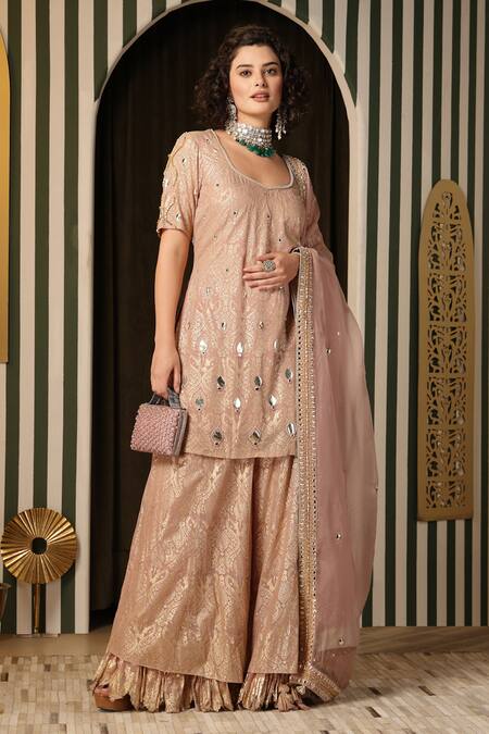 Soniya G Pink Georgette, Organza Embroidery, Sequins Floral Baroque Kurta Gharara Set Online at Aza Fashions Soniya G_Pink Georgette, Organza Embroidery, Sequins Floral Baroque Kurta Gharara Set _Online_at_Aza_Fashions