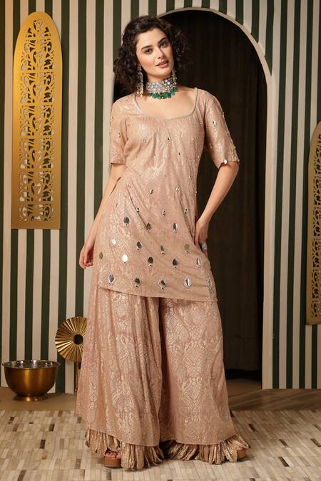 Shop Soniya G Pink Georgette, Organza Embroidery, Sequins Floral Baroque Kurta Gharara Set Online at Aza Fashions Shop_Soniya G_Pink Georgette, Organza Embroidery, Sequins Floral Baroque Kurta Gharara Set _Online_at_Aza_Fashions