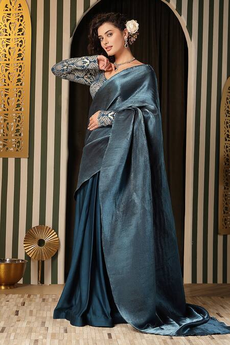 Soniya G Blue Silk, Lycra Embroidery V-neck Pleated Saree And Floral Blouse Set Online at Aza Fashions Soniya G_Blue Silk, Lycra Embroidery V-neck Pleated Saree And Floral Blouse Set _Online_at_Aza_Fashions