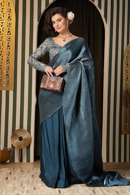 Buy Soniya G Blue Silk, Lycra Embroidery V-neck Pleated Saree And Floral Blouse Set Online at Aza Fashions Buy_Soniya G_Blue Silk, Lycra Embroidery V-neck Pleated Saree And Floral Blouse Set _Online_at_Aza_Fashions